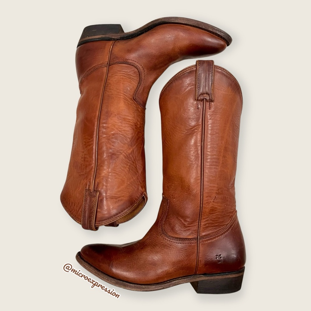 $399 Frye Billy Pull On Cognac Leather Western Low Heel Cowboy Rodeo Riding Boot - Picture 15 of 16
